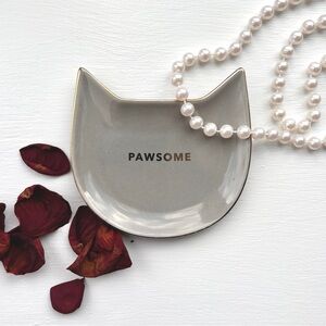 Cute Pawsome cat kitty head grey gray ceramic dish tray with gold details